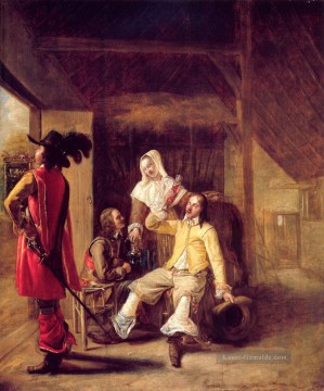 Rembrandt van Rijn Werke - Zwei Soldaten und eine dienende Frau mit einem Trompeter Genre Pieter de Hooch